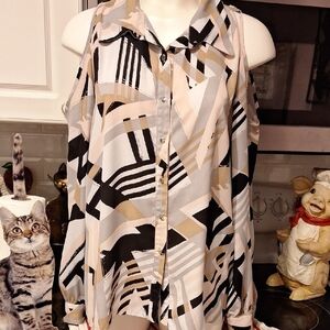 zSami & Jo Black and Peach  Sleeveless Graphic Button Down Shirt XL